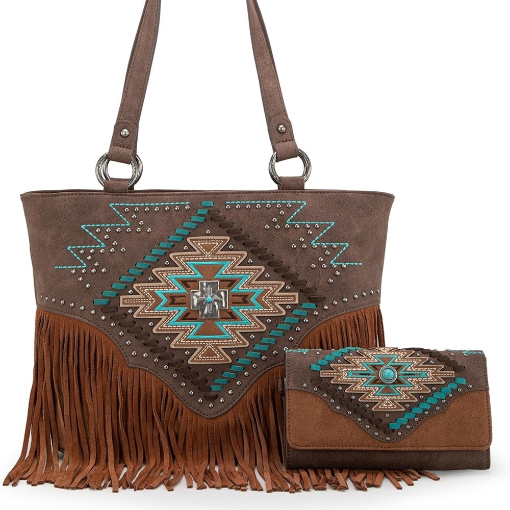 Coffee Women Tooled Shoulder Purse with Wallet 2Pcs Set